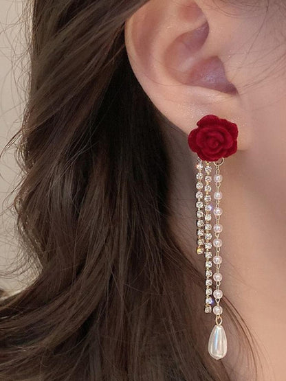 Red Velvet Rose Tassel Drop Earrings with Pearl