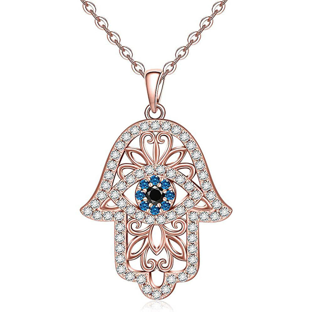Hamsa Hand Evil Eye Zircon Pendant Necklace