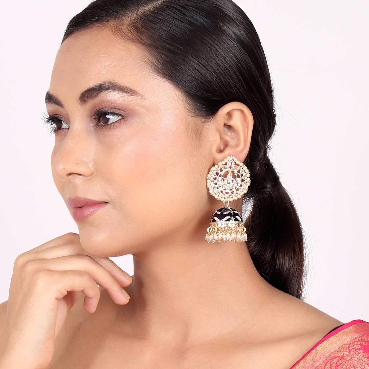 Pearl Gold Plated Kundan Meenakari Jhumka/Jhumki Earring