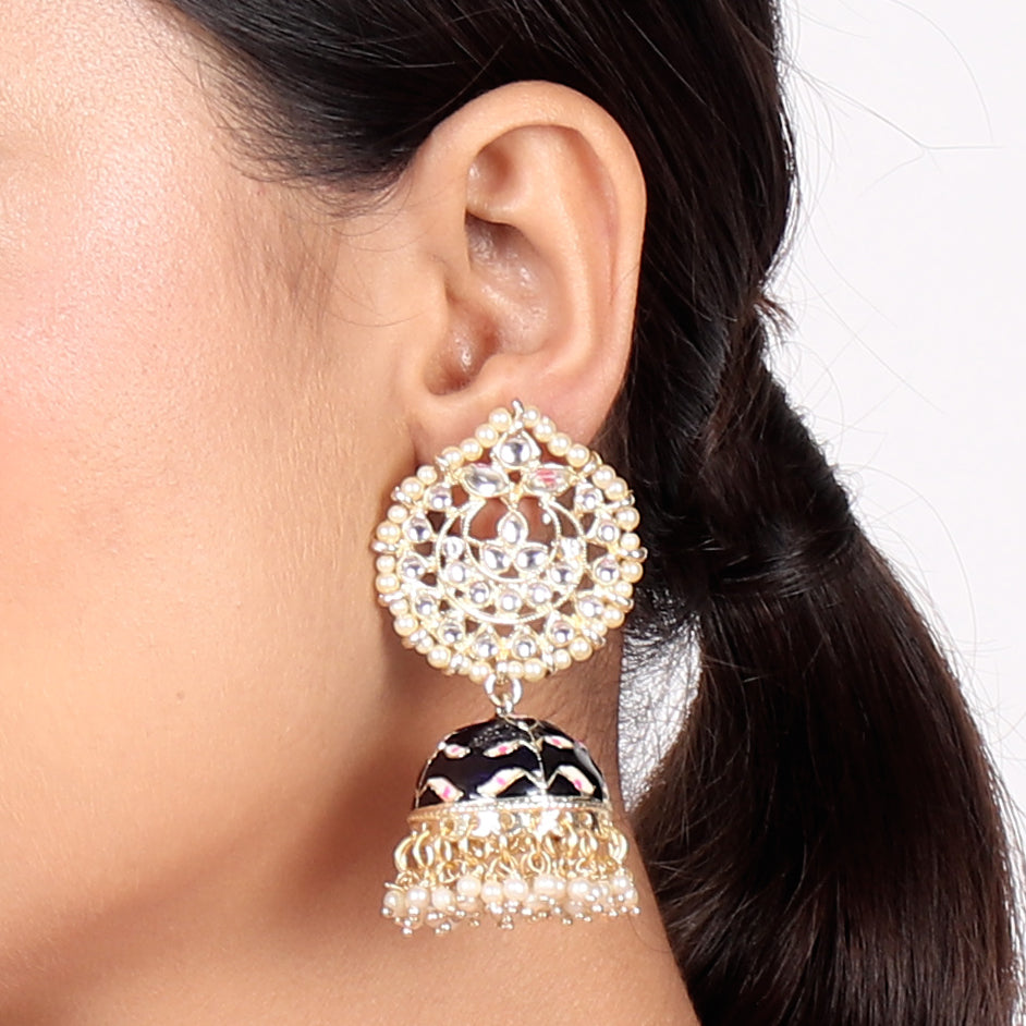 Pearl Gold Plated Kundan Meenakari Jhumka/Jhumki Earring