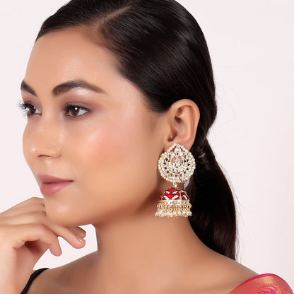Pearl Gold Plated Kundan Meenakari Jhumka/Jhumki Earring