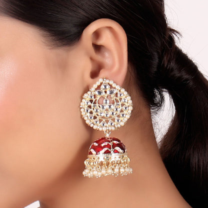 Pearl Gold Plated Kundan Meenakari Jhumka/Jhumki Earring