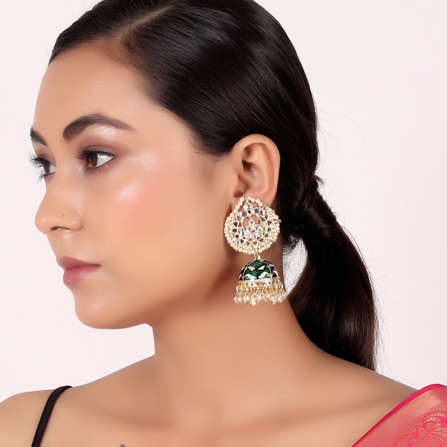 Pearl Gold Plated Kundan Meenakari Jhumka/Jhumki Earring