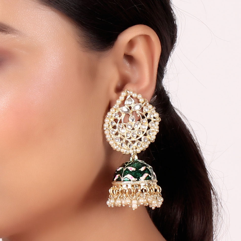 Pearl Gold Plated Kundan Meenakari Jhumka/Jhumki Earring
