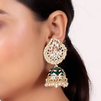Pearl Gold Plated Kundan Meenakari Jhumka/Jhumki Earring