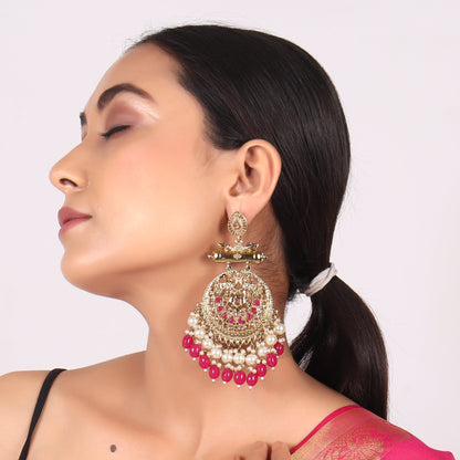Pearl Brass Red Kundan Meenakari Chandbali Earring