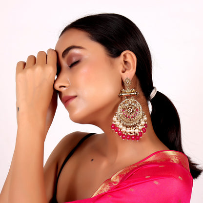 Pearl Brass Red Kundan Meenakari Chandbali Earring