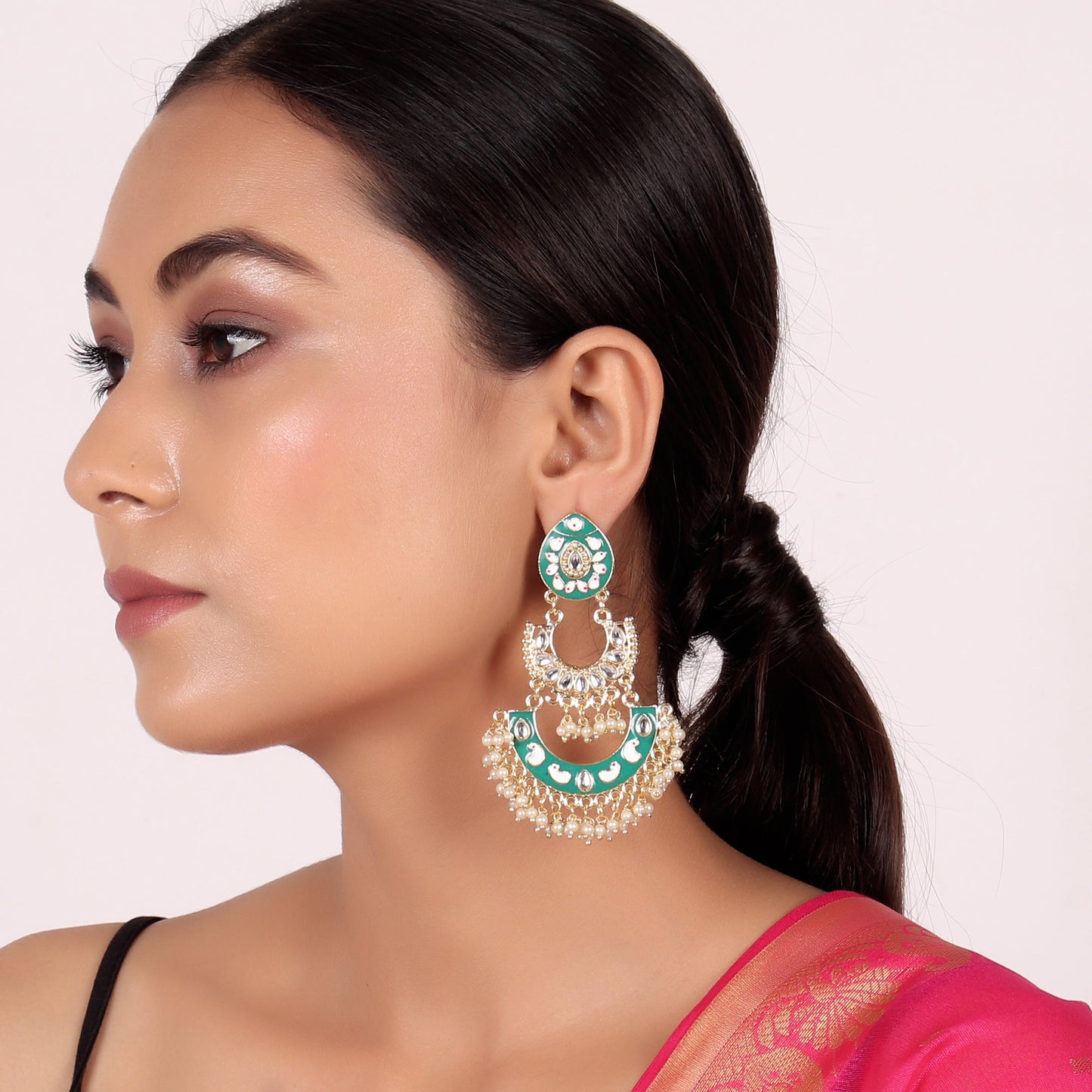 Gold Tone Enamel Handcrafted Pearl Dangle Earrings