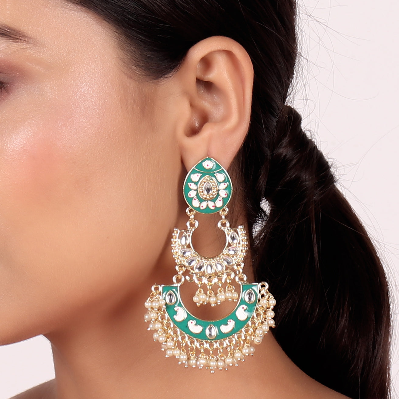 Gold Tone Enamel Handcrafted Pearl Dangle Earrings