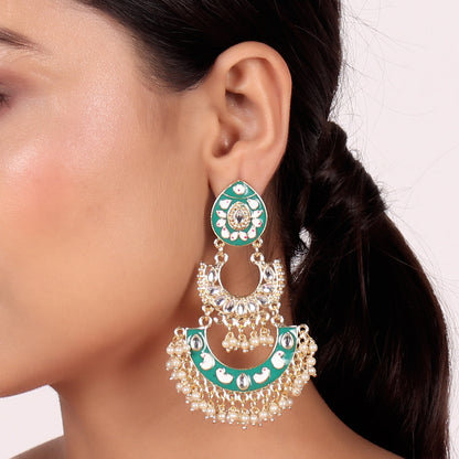 Gold Tone Enamel Handcrafted Pearl Dangle Earrings