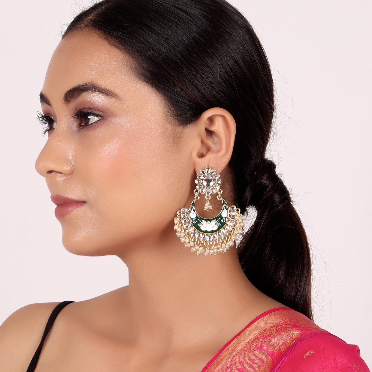 Beautifully Enamelled Kundan And Pearls Dangle Earring