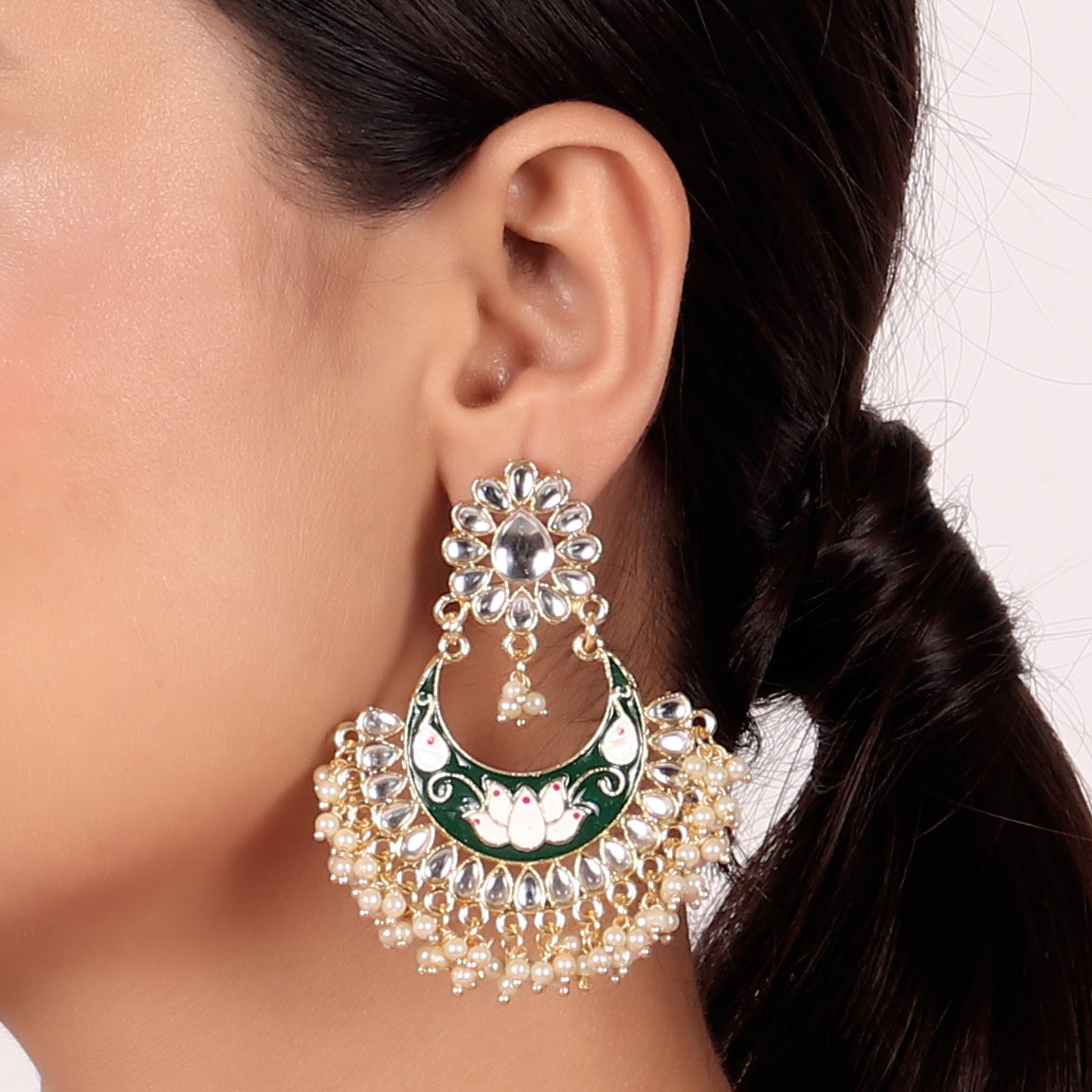 Beautifully Enamelled Kundan And Pearls Dangle Earring