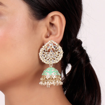 Pearl Gold Plated Kundan Meenakari Jhumka/Jhumki Earring
