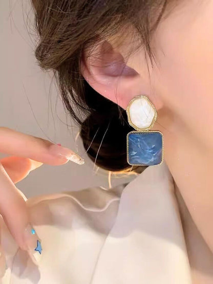 Blue and White Marble Texture Drop Earrings