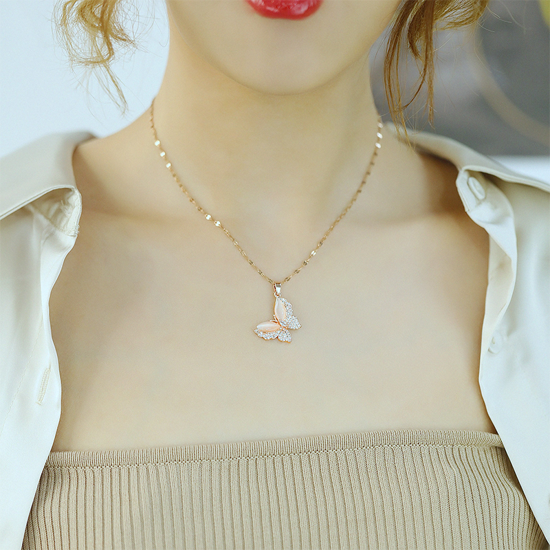 18k Gold Plated Non Tarnish Zircon Diamond Opal Butterfly necklace pendant