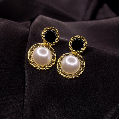 Gold-Tone Pearl Earrings with Black Enamel Stud