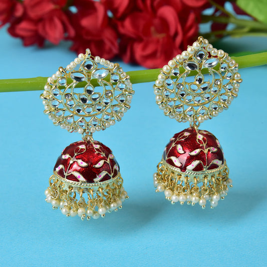 Pearl Gold Plated Kundan Meenakari Jhumka/Jhumki Earring