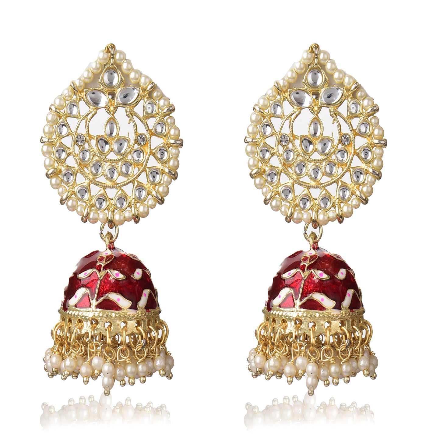 Pearl Gold Plated Kundan Meenakari Jhumka/Jhumki Earring