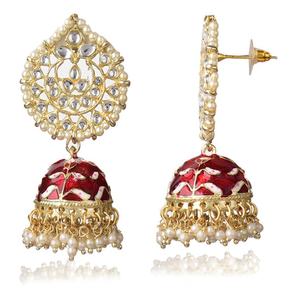 Pearl Gold Plated Kundan Meenakari Jhumka/Jhumki Earring