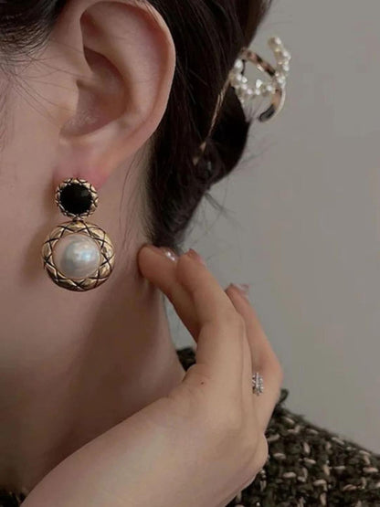 Gold-Tone Pearl Earrings with Black Enamel Stud
