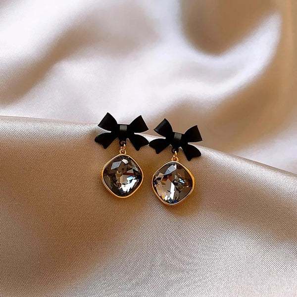 Bow Stud Drop Earring, Black Crystal