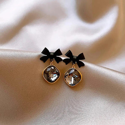 Bow Stud Drop Earring, Black Crystal