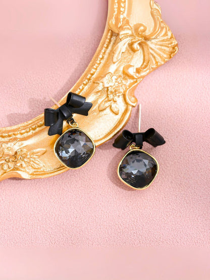 Bow Stud Drop Earring, Black Crystal