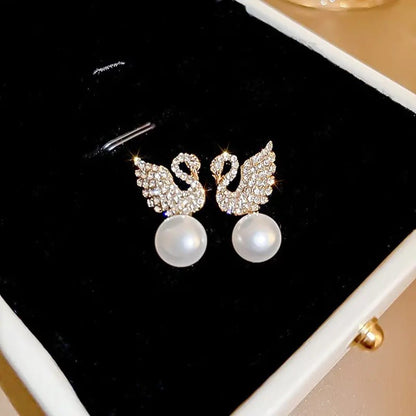 Crystal Swan Drop Earrings with Pearl