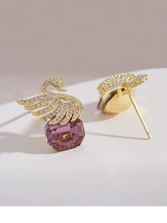 Ethonica Swan Stud Earrings with Purple Crystal Gemstone, Gold-Tone Pavé Rhinestone Wings.