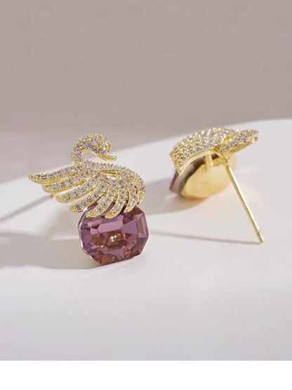 Ethonica Swan Stud Earrings with Purple Crystal Gemstone, Gold-Tone Pavé Rhinestone Wings.