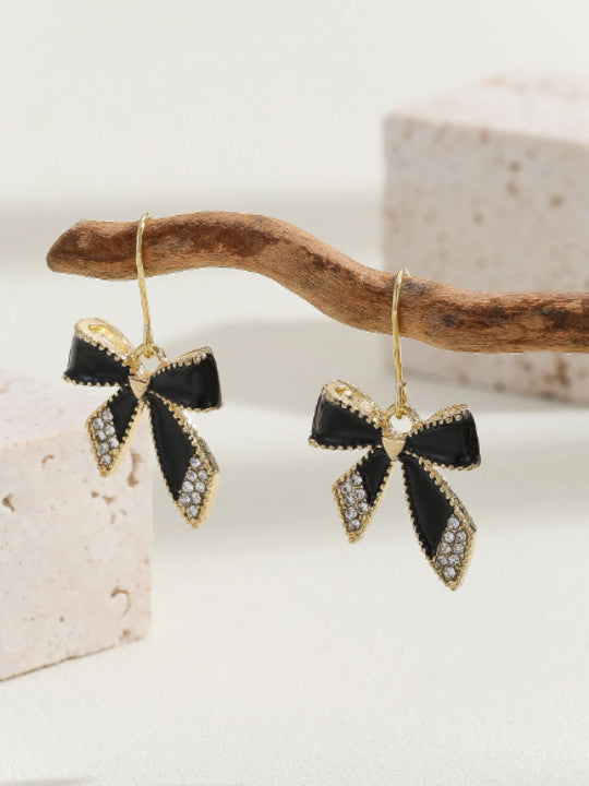 Black Enamel Bow Drop Earrings with Crystal Rhinestone