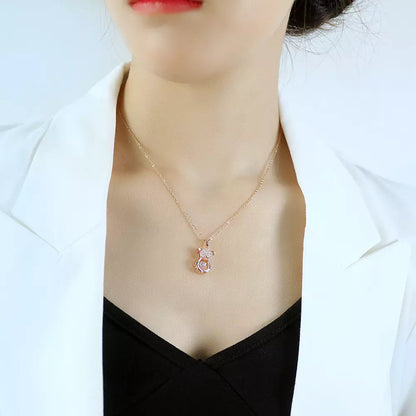 18K Rose Gold Plated Stainless Steel Zircon Moving Diamond Teddy Bear Necklace Pendant