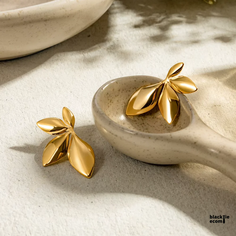 Gold-Toned Floral Leaf Stud Earrings