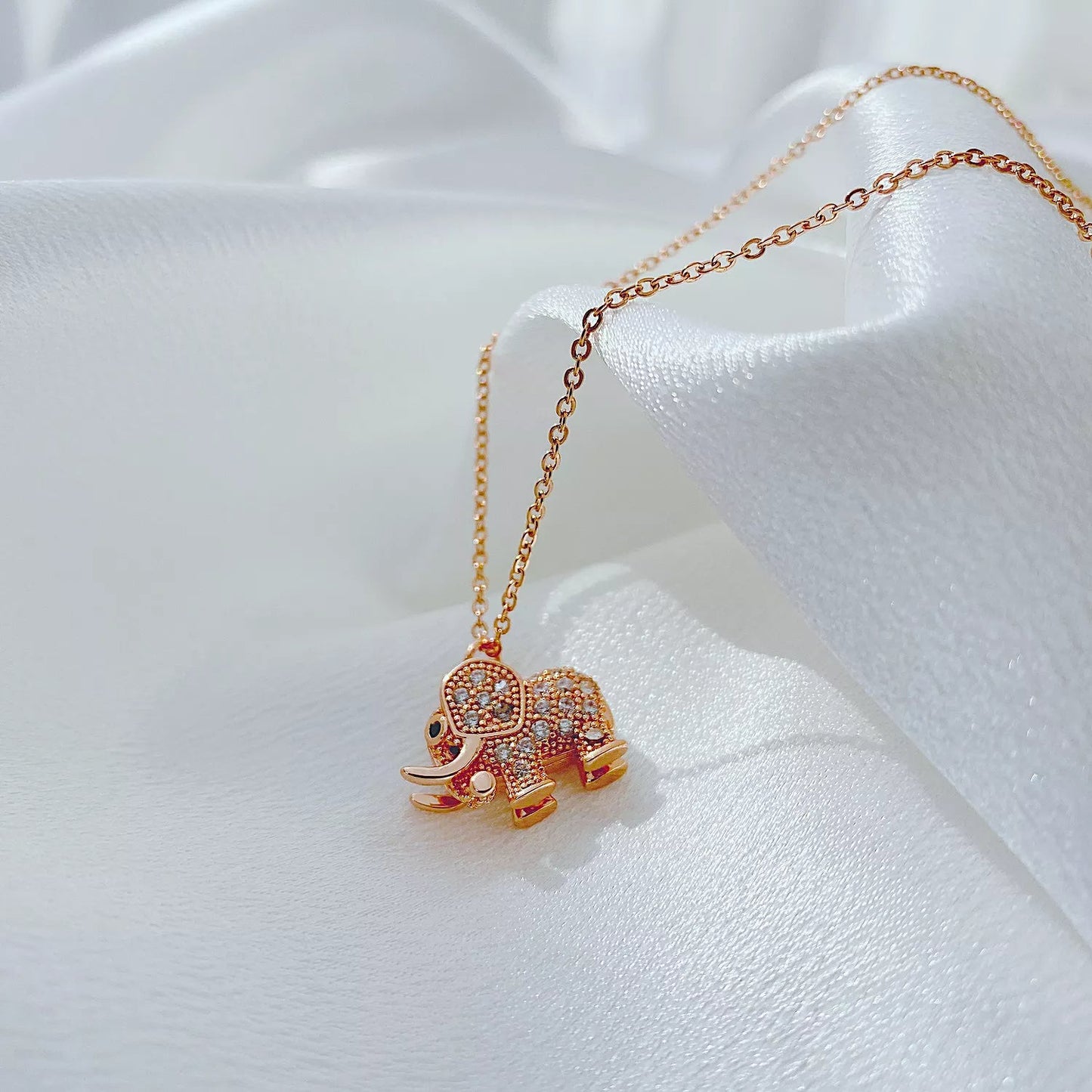 Diamond Bling Stainless Steel Zircon Cute Elephant Pendant Necklace