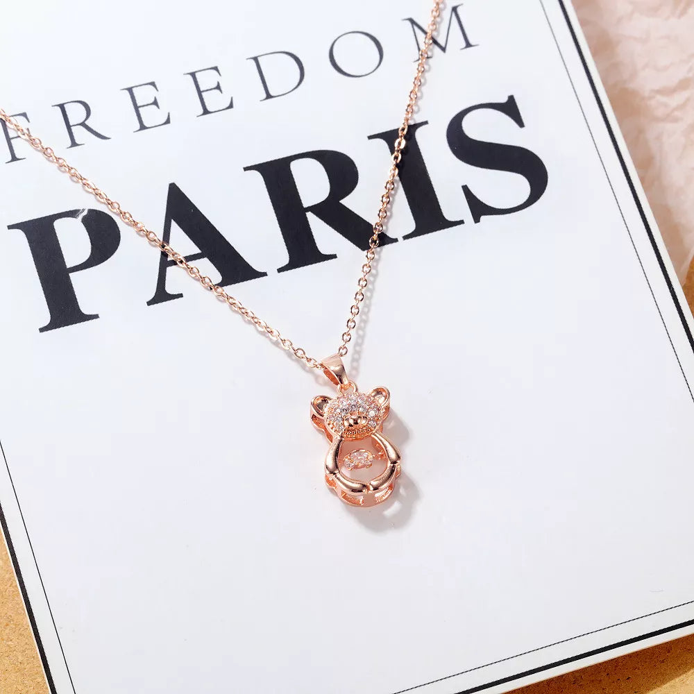 18K Rose Gold Plated Stainless Steel Zircon Moving Diamond Teddy Bear Necklace Pendant