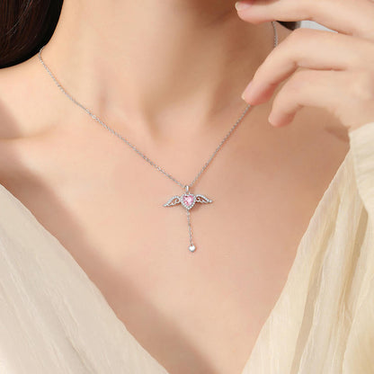 Movable Pink Crystal Zircon Diamond Love Heart Angel Wings Pendant Necklace