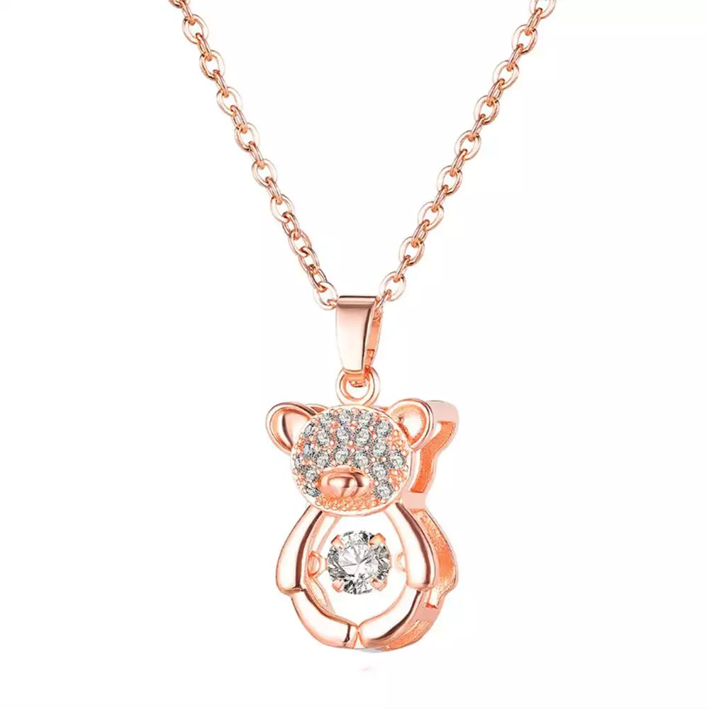 18K Rose Gold Plated Stainless Steel Zircon Moving Diamond Teddy Bear Necklace Pendant