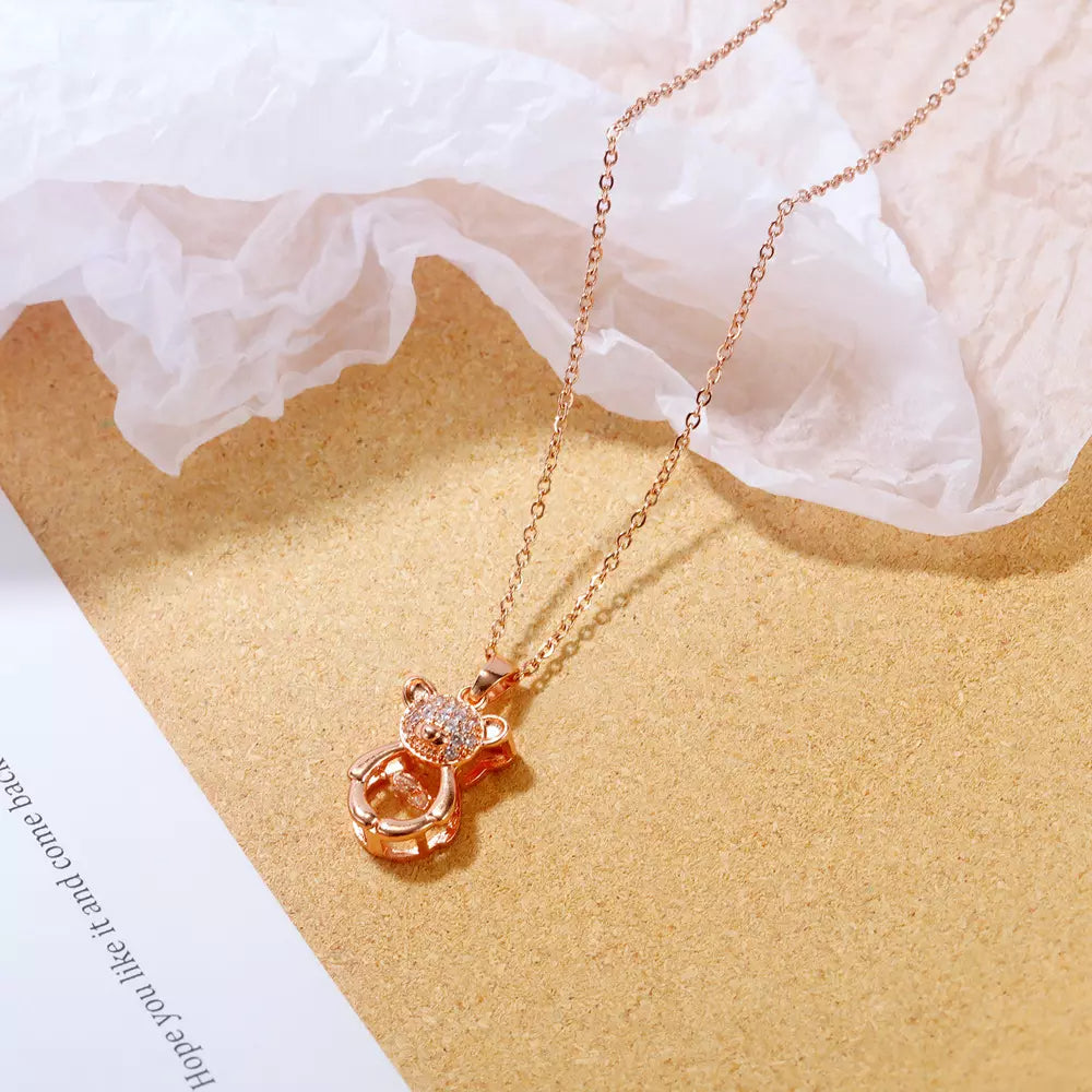 18K Rose Gold Plated Stainless Steel Zircon Moving Diamond Teddy Bear Necklace Pendant