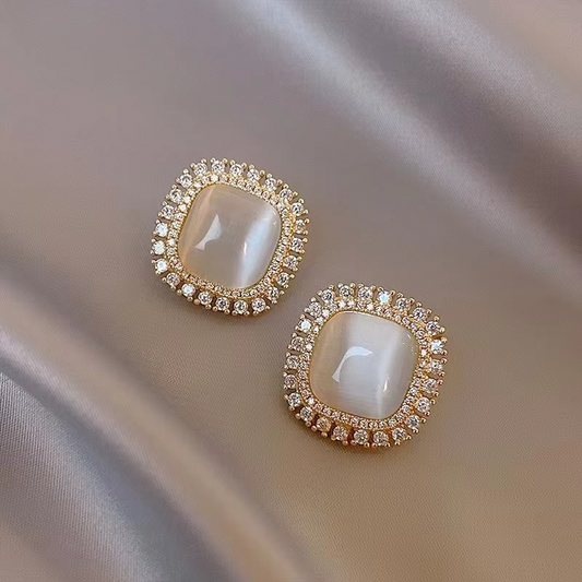 Square Opal Stone Stud Earring with Crystal Rhinestone Halo, Gold-Tone, Elegant Style