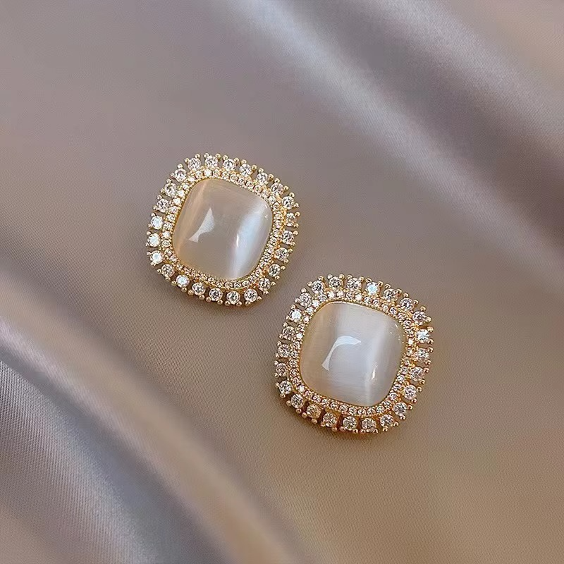 Square Opal Stone Stud Earring with Crystal Rhinestone Halo, Gold-Tone, Elegant Style
