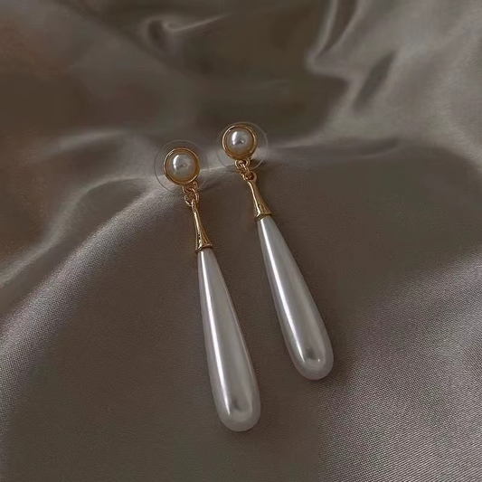 Pearl Drop Dangle Earrings, White Teardrop Pearl