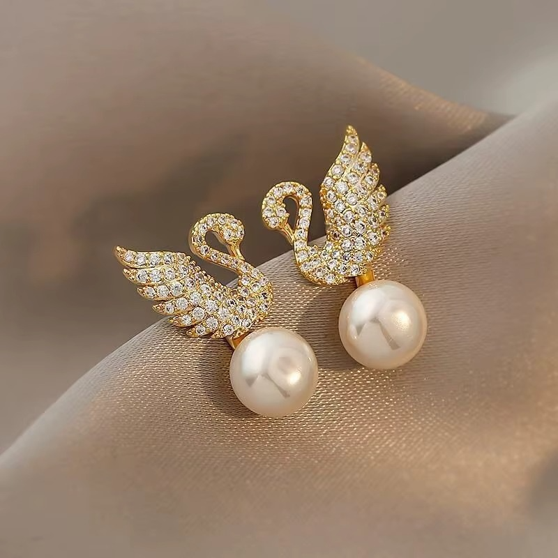 Crystal Swan Drop Earrings with Pearl