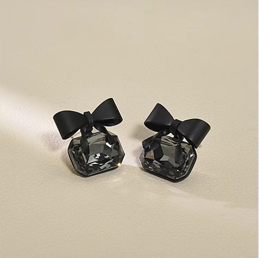 Ethonica Bow Stud Earrings, Black Crystal with Bow Design