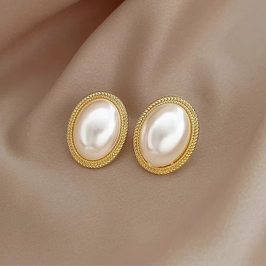 Oval Pearl Stud Earrings with Gold Textured Rope Border, Elegant Vintage Style