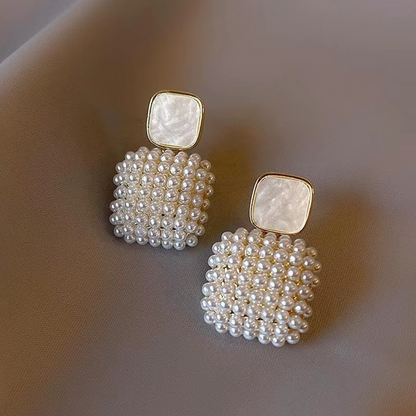 Ethonica Pearl Cluster Square Drop Stud Earrings, Gold Plated, Simulated Pearl