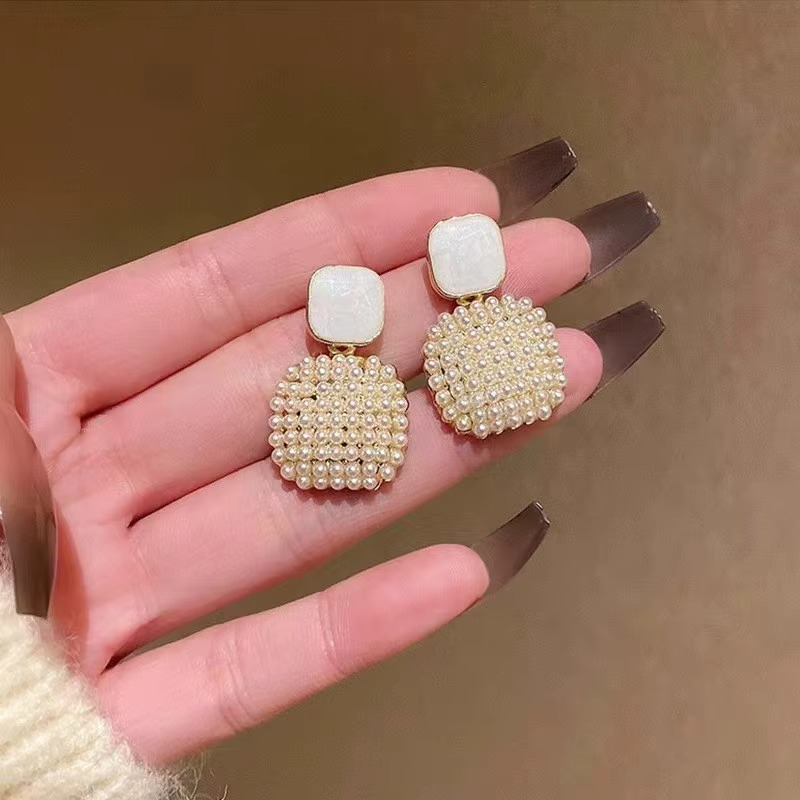 Ethonica Pearl Cluster Square Drop Stud Earrings, Gold Plated, Simulated Pearl