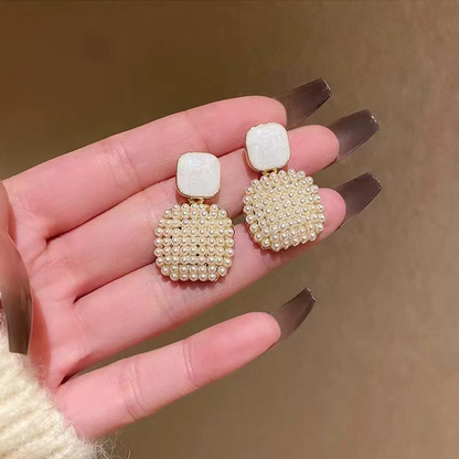 Ethonica Pearl Cluster Square Drop Stud Earrings, Gold Plated, Simulated Pearl