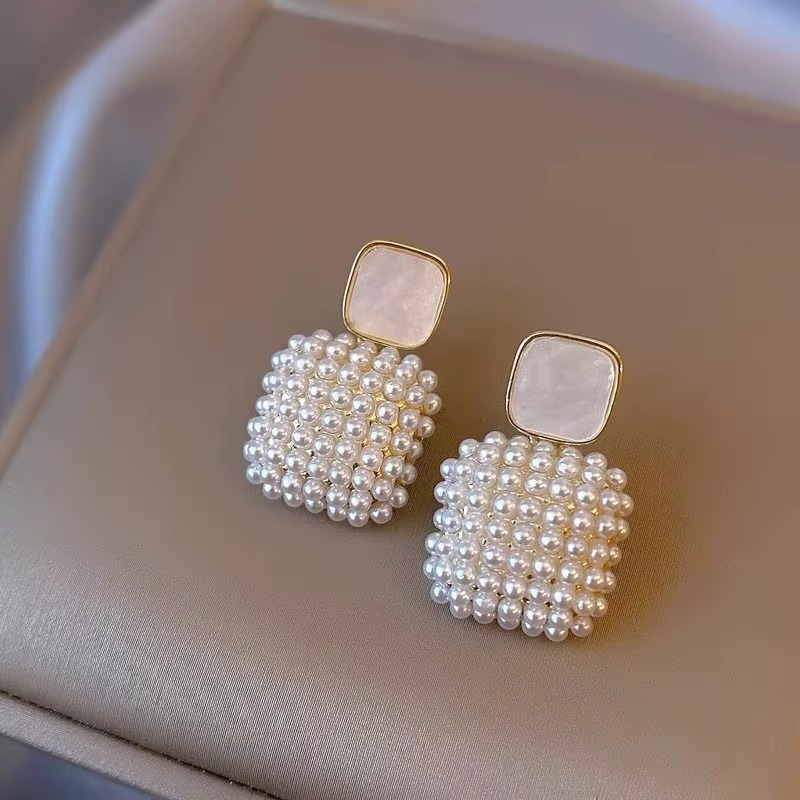 Ethonica Pearl Cluster Square Drop Stud Earrings, Gold Plated, Simulated Pearl