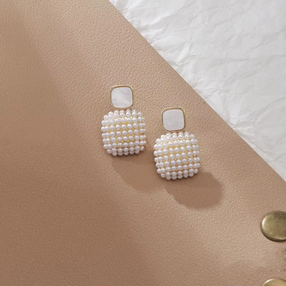 Ethonica Pearl Cluster Square Drop Stud Earrings, Gold Plated, Simulated Pearl