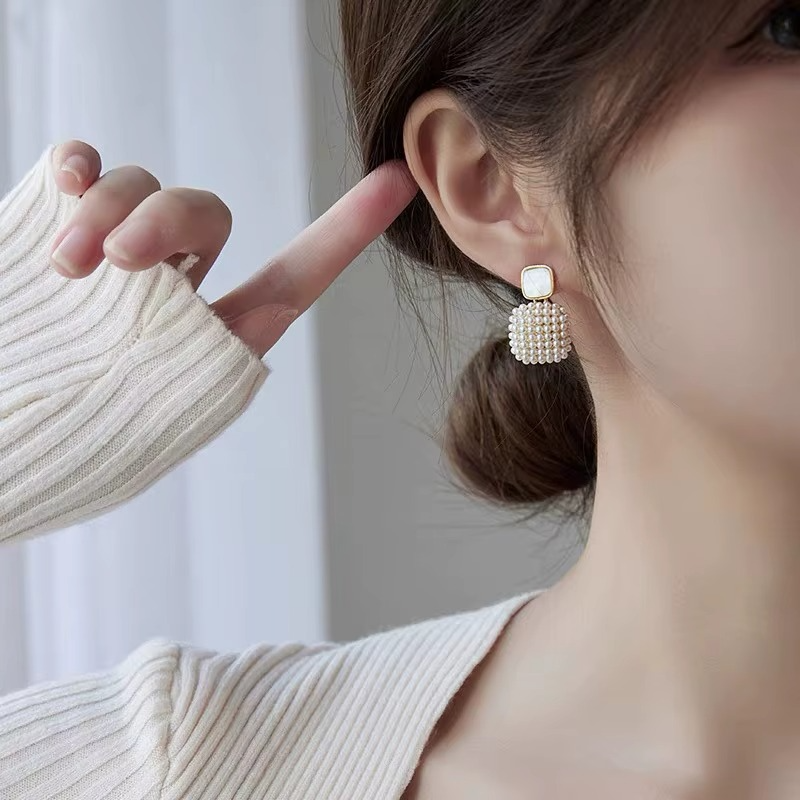 Ethonica Pearl Cluster Square Drop Stud Earrings, Gold Plated, Simulated Pearl